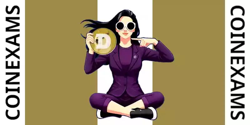 Nova (CoinExams Mascot) holding Dogecoin logo