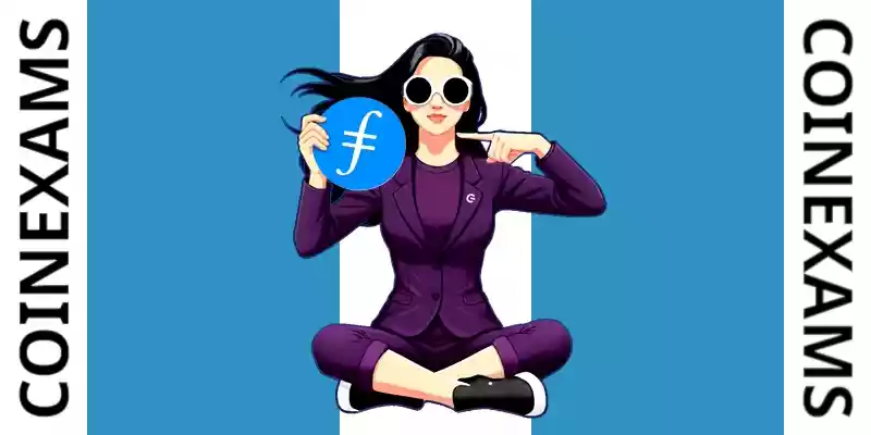 Nova (Maskot CoinExams) memegang logo Filecoin