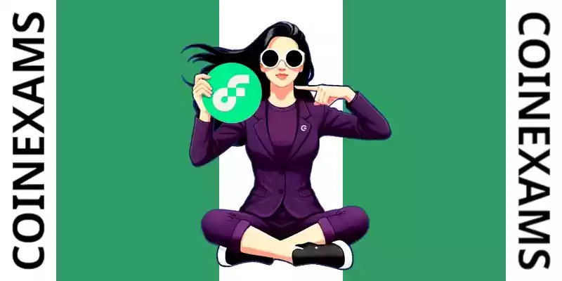 Nova (Maskottchen von CoinExams) hält das Flow-Logo