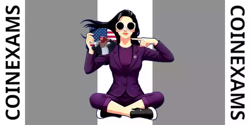 Нова (талисман CoinExams) держит логотип Trump 47